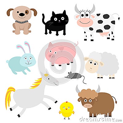 Farm animal set. Dog, cat, cow, rabbit, pig, ship, mouse, horse, chiken, bull. Baby background. Flat design style. Vector Illustration