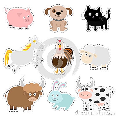 Farm animal set. Pig, dog, cat, cow, rabbit, ship horse, rooster, bull Baby collection. Flat design style. Isolated. White Vector Illustration