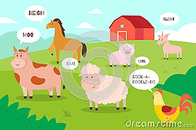 Farm animals background. Cartoon funny domestic animals on meadow with speech bubbles and sounds, farmyard inhabitants Vector Illustration