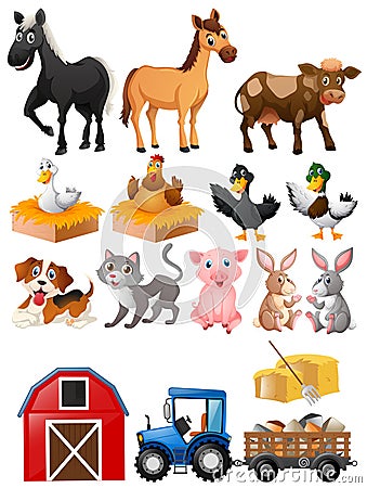 Farm animals with barn and tractor Vector Illustration