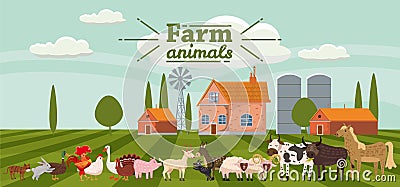 Farm animals and birds set in trendy cute style, including horse, cow, donkey, sheep, goat, pig, rabbit, duck, goose Vector Illustration