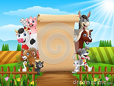 Farm animals with a blank sign paper Vector Illustration