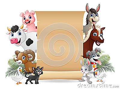 Farm animals with a blank sign paper roll Vector Illustration