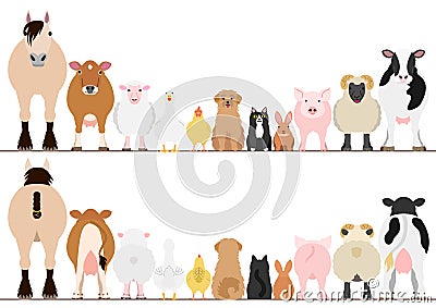 Farm animals border set, front view and rear view Vector Illustration