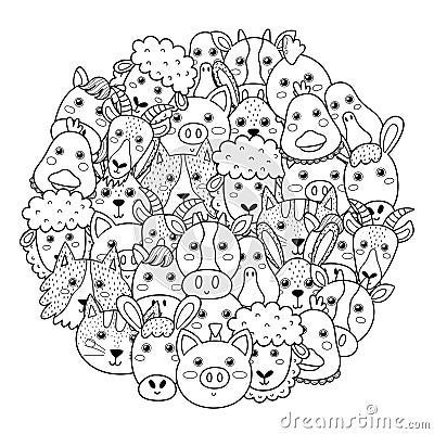 Farm animals circle shape pattern for coloring book. Cute farm characters coloring page Vector Illustration