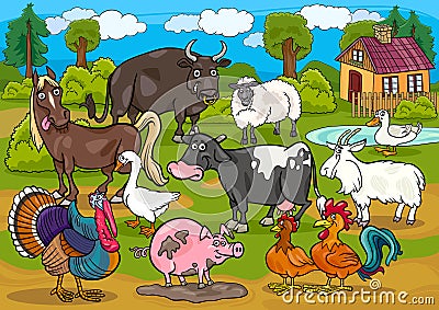 Farm animals country scene cartoon illustration Vector Illustration