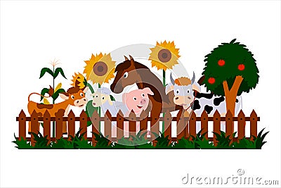 Farm animals, cow and calf, pig, sheep, horse are standing at the fence, sunflowers, corn, apple tree are blooming. Vector Illustration