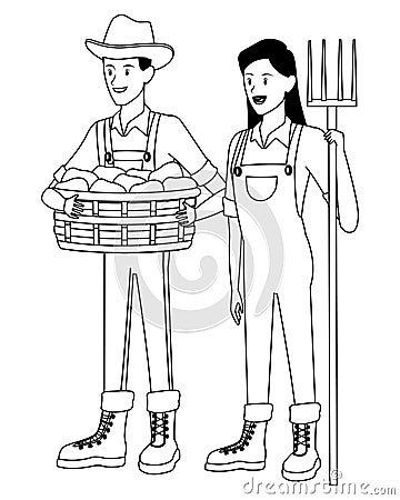 Farm, animals and farmer cartoon in black and white Vector Illustration