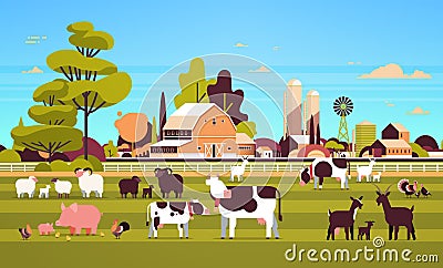 Farm animals grazing cow goat pig turkey sheep chicken different domestic animals breeding farming concept flat farmland Vector Illustration