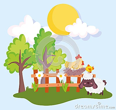 Farm animals hen chicken nest in wooden fence and goat cartoon Vector Illustration