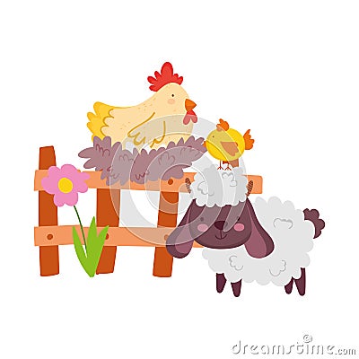 Farm animals hen chicken nest in wooden fence and goat cartoon Vector Illustration