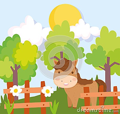 Farm animals horse wooden fence flowers trees Vector Illustration