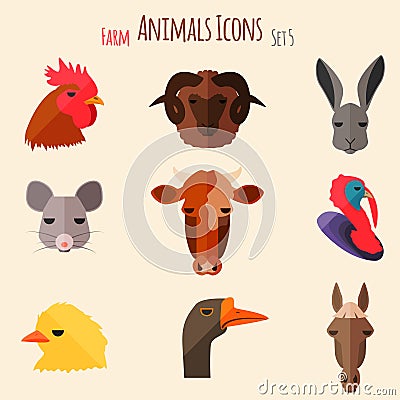 Farm Animals Icons with Flat Design Stock Photo