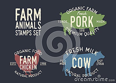 Farm animals labels. Set of 3 farm animals stamps for farmer markets, restaurants and shops of organic food. Silhouettes of Cow, P Vector Illustration