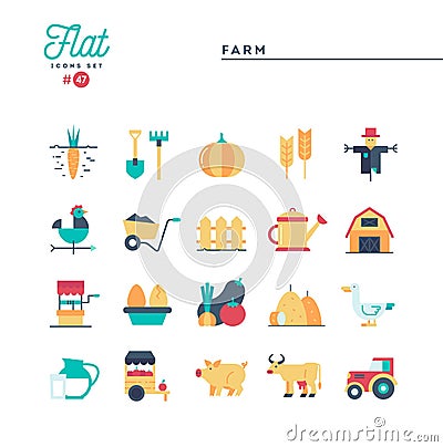 Farm, animals, land, food production and more, flat icons set Vector Illustration