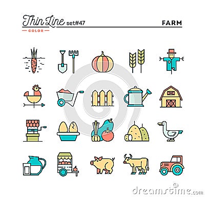 Farm, animals, land, food production and more, thin line color i Cartoon Illustration