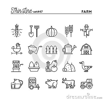 Farm, animals, land, food production and more, thin line icons s Vector Illustration