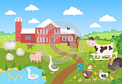 Farm animals with landscape. Horse pig duck chickens sheep. Cartoon village for children book. Farm background scene Vector Illustration