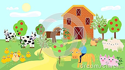 Farm animals with landscape vector Cartoon Illustration