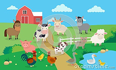 Farm animals with landscape - vector illustration in cartoon style, children s book illustration Vector Illustration