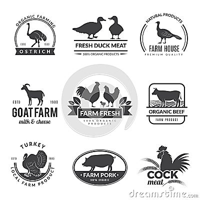 Farm animals logo. Cow sheep goat symbols for fresh healthy food of farmers vector collection Vector Illustration