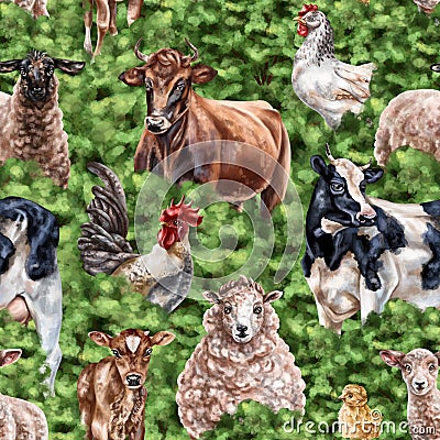 Farm animals in a meadow on a pasture. Cows, sheep and chickens on a ranch among green trees and bushes. Simple rural life, nature Cartoon Illustration