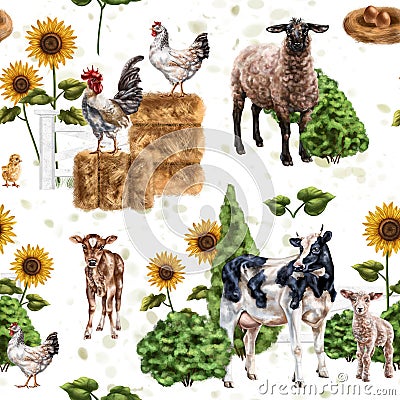 Farm animals in a meadow on a pasture. Cows, sheep and chickens on a ranch among sunflowers and haystacks. Simple rural life, Cartoon Illustration