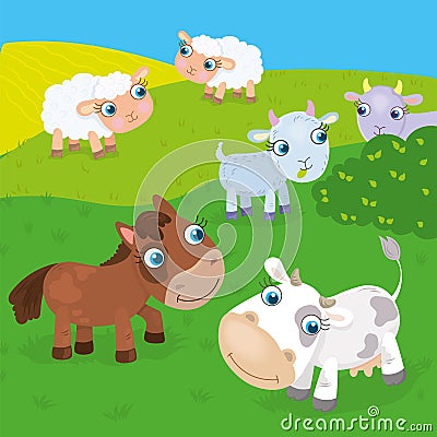 Farm Animals On The Meadow Vector Illustration