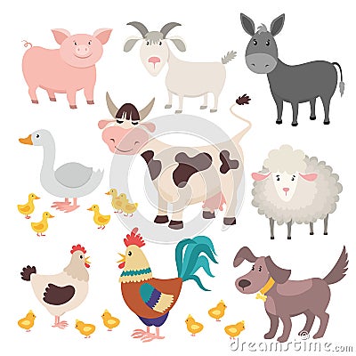 Farm animals. Pig donkey cow sheep goose rooster dog cartoon kids animal isolated set Vector Illustration