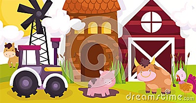 Farm animals pig in mud horse bull turkey tractor barn house windmill Vector Illustration