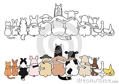 Farm animals in a row, rear view Vector Illustration
