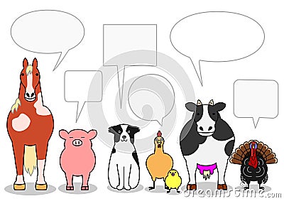 Farm animals in a row with speech bubbles Vector Illustration