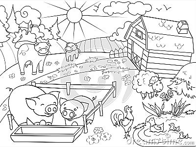 Farm animals and rural landscape coloring raster for adults Cartoon Illustration