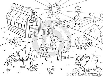 Farm animals and rural landscape coloring vector for adults Vector Illustration