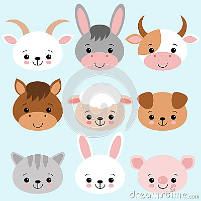 Farm animals set in flat style isolated on blue background. Vector illustration. Cute cartoon animals collection sheep, goat, cow Cartoon Illustration