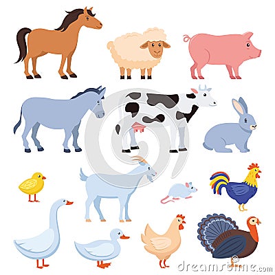 Farm animals set isolated. Horse, cow, goat, sheep, pig, rabbit, chicken, rooster, duck, goose, chick, turkey, mouse. Vector flat Vector Illustration