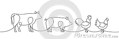 Farm animals set one line continuous drawing. Pig, Cow, Chicken, Rooster silhouettes. Farm animals continuous one line Vector Illustration