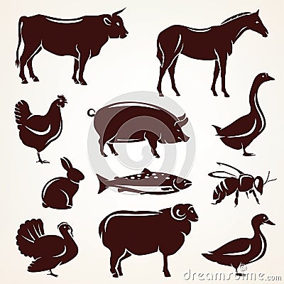 Farm animals silhouette collection Stock Photo