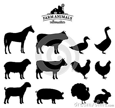 Farm Animals Silhouettes Isolated on White Vector Illustration