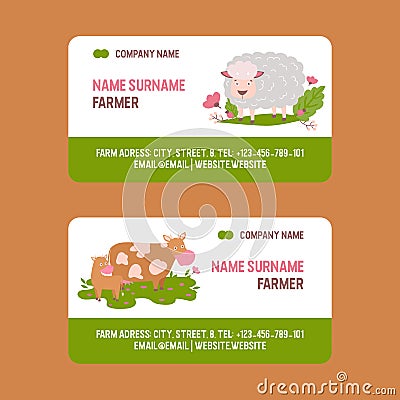 Farm animals vector business-card set domestic farming characters cow sheep goat cattle farmer animals illustration Vector Illustration