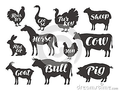 Farm animals, vector set icons. Collection of silhouettes Vector Illustration