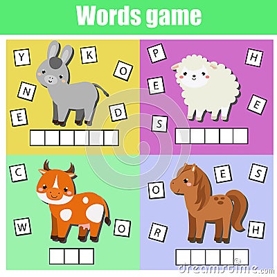 Farm animals. Write missing letters and complete words. Crossword for kids and toddlers. Educational children game. Vector Illustration