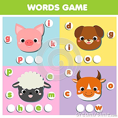 Farm animals. Write missing letters and complete words. Crossword for kids and toddlers. Educational children game Vector Illustration