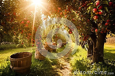 Farm with apple trees and baskets full of apples and sun rays Generative AI Illustration Stock Photo