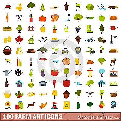 100 farm art icons set, flat style Vector Illustration