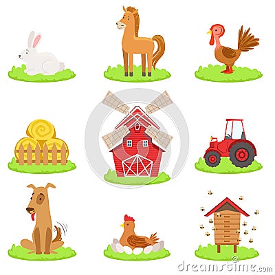 Farm Associated Animals And Objects Collection Vector Illustration