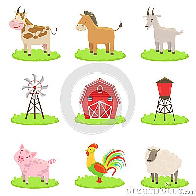 Farm Associated Animals And Objects Set Vector Illustration