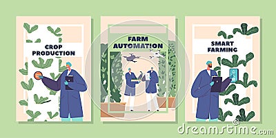Farm Automation and Smart Crop Production Banners with Characters Use Innovative Of Technologies, Robotics, And Ai Vector Illustration