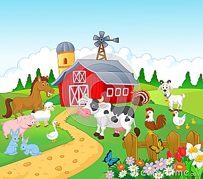 Farm background with animals cartoon Vector Illustration