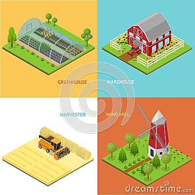 Farm Banner Card Set Isometric View. Vector Vector Illustration